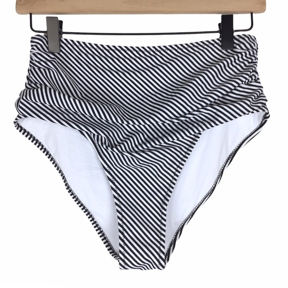 CUPSHE High Waisted Bikini Bottom Stripe Ruched Classic Black White Medium NWT - Picture 1 of 10